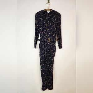 Chic 80s/90s Navy Blue Floral Gold Belted Jumpsuit Sz 5/6 Petite